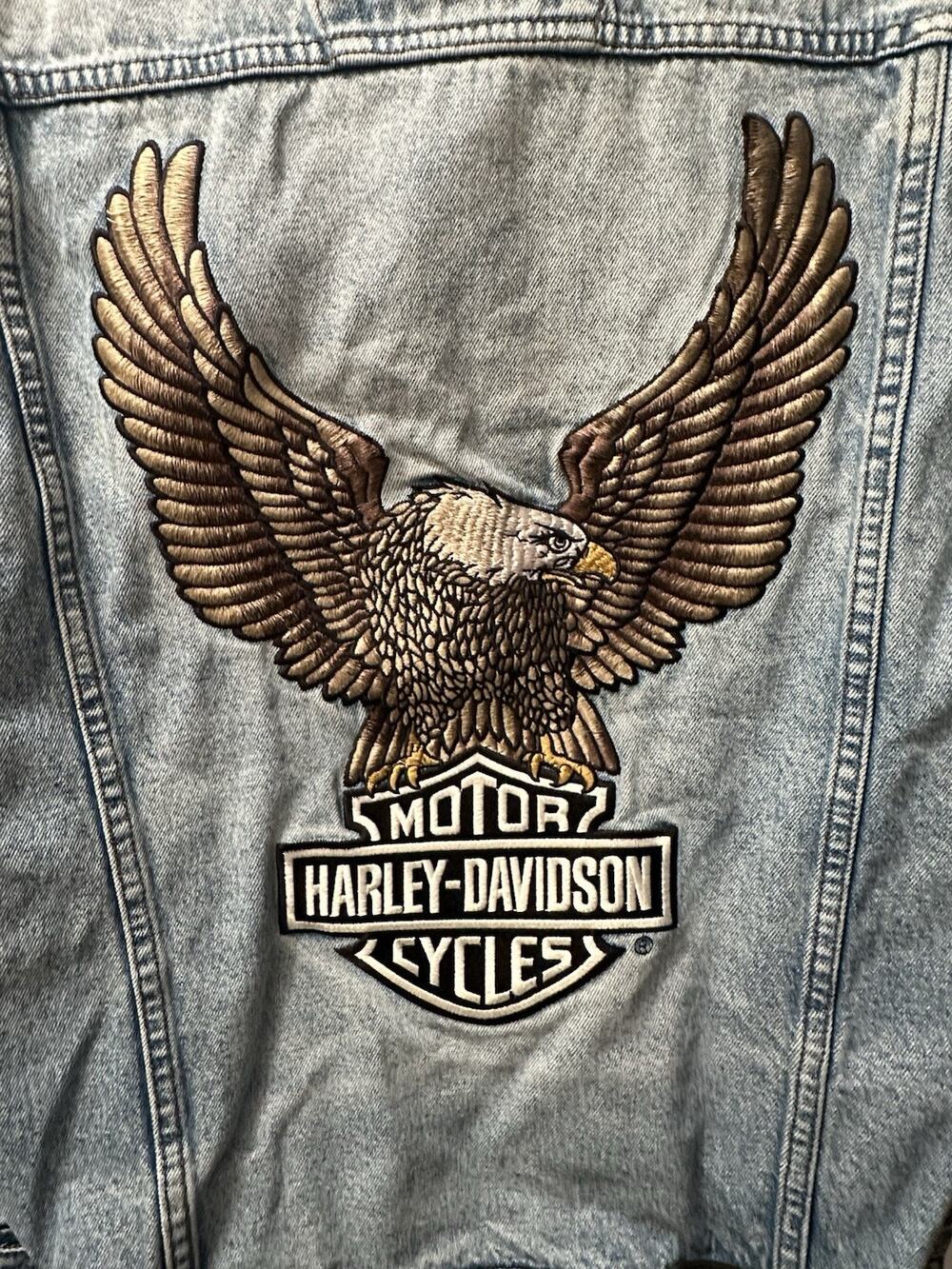 Vintage Harley Davidson Embroidered Eagle Denim Vest Men's Size Large Distressed